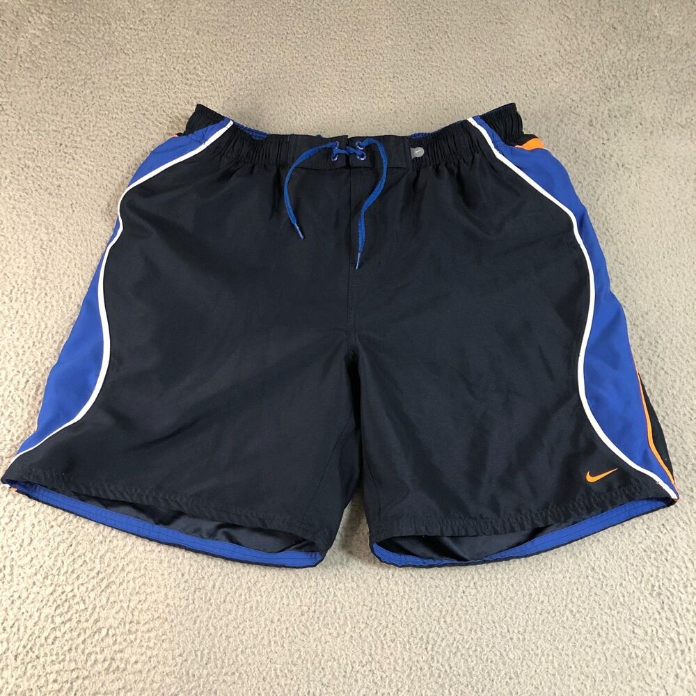 Nike Shorts Men XL Black Blue Boardshorts Logo Drawstring Mesh Lined Swim Trunks